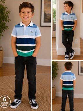 Lacoste Boys Striped Polo in Light Blue, Navy & Green